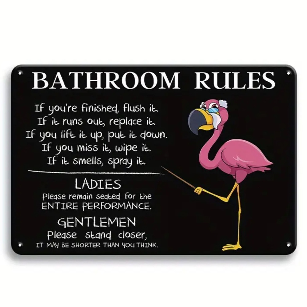 Pink Flamingo Funny “Bathroom Rules” Metal Tin Sign (12” x 8”)